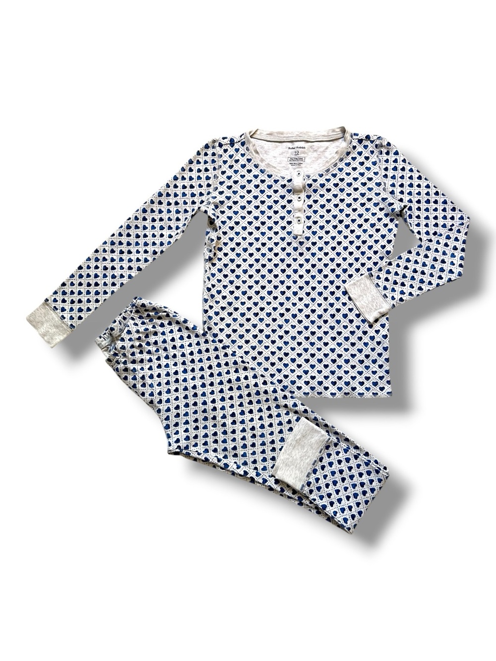 Roller Rabbit Pajama Set Girls Size 10 Blue Hearts Pima Cotton Long Sleeve PJs